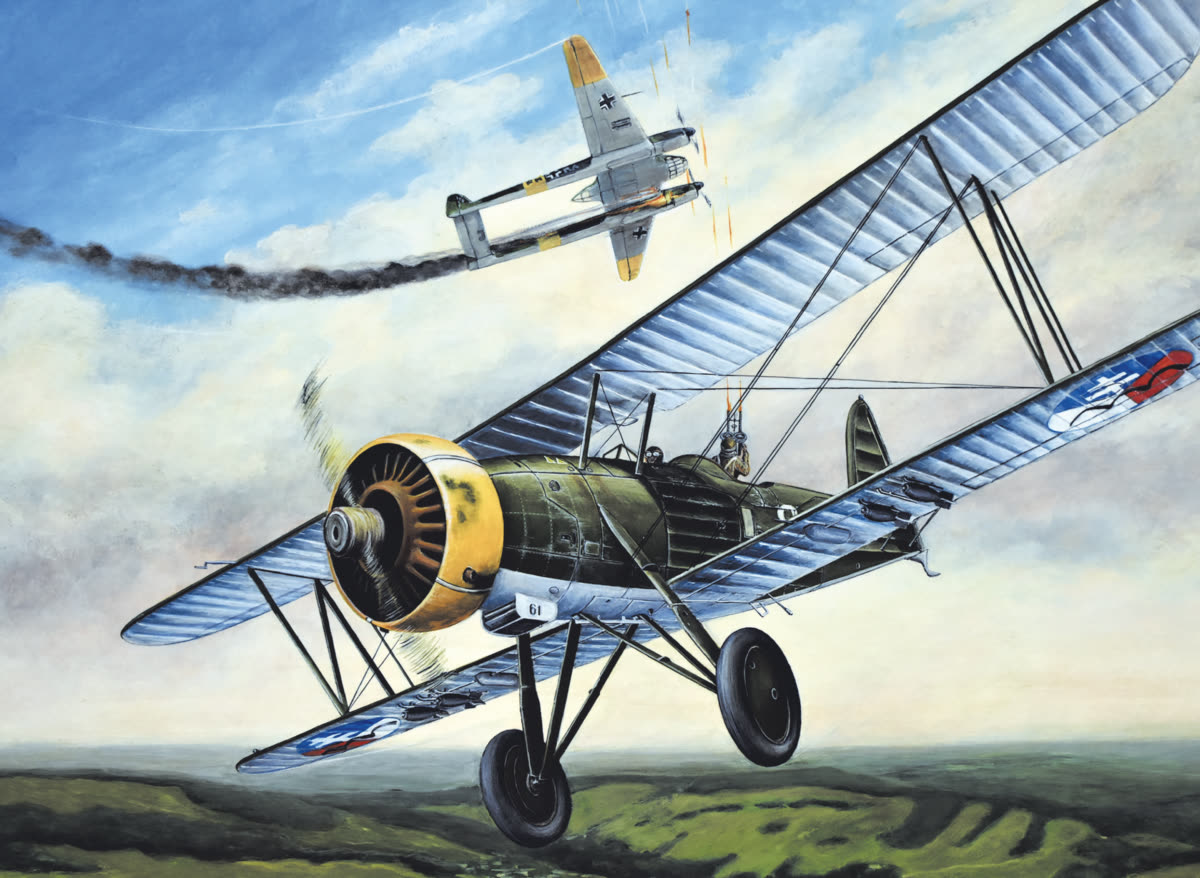 Maľba súboja dvojplošníka Letov Š-328 s nemeckým Focke-Wulf Fw 189
